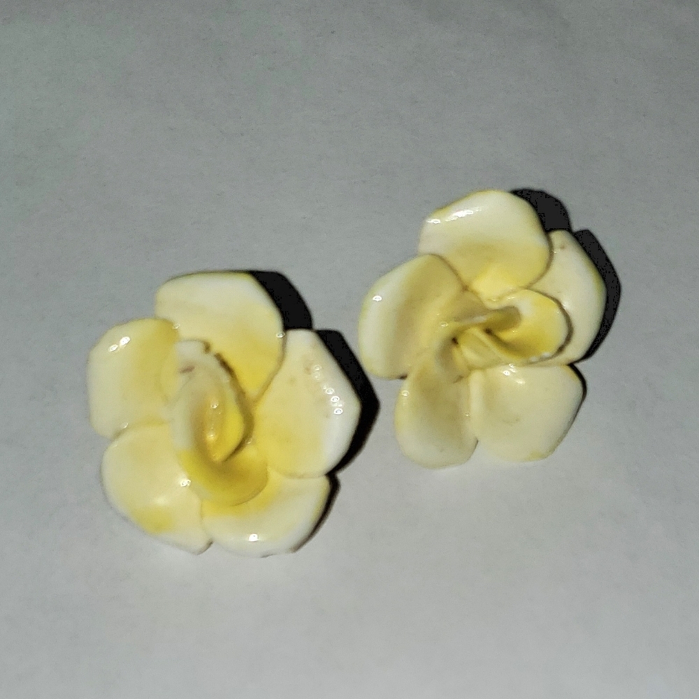 Vintage Small Yellow Porcelain Rose Clip Earrings